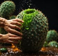 A close-up shot of a hand squeezing the juice out of a freshly picked cactus fruit.