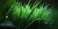 Drops of dew shir on young green grass. Close-up fresh young grass. Natural outdoor Royalty Free Stock Photo