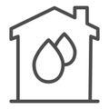 Drops in house line icon, smart home concept, plumbing service vector sign on white background, House protection from