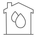 Drops in house thin line icon, smart home concept, plumbing service vector sign on white background, House protection