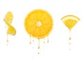 Drops of juice drip from cut pieces of orange, isolated on white background Royalty Free Stock Photo
