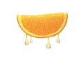 Drops of juice falling from orange half isolated on white background Royalty Free Stock Photo