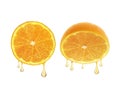 Drops of juice falling from orange half isolated on white background Royalty Free Stock Photo