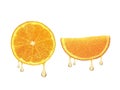 Drops of juice falling from orange half isolated on white background Royalty Free Stock Photo