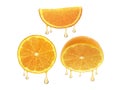 Drops of juice falling from orange half isolated on white background Royalty Free Stock Photo