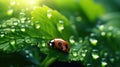 Drops of morning dew and ladybug on young juicy fresh green background Royalty Free Stock Photo