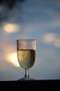 DROPS ON OUTSIDE OF GLASS WITH WHITE WINE AT SUNSET Royalty Free Stock Photo