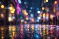 Drops Of Rain On Blue Glass Background. Street Bokeh Lights Out Of Focus. Autumn Abstract Backdrop Royalty Free Stock Photo