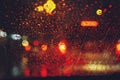 Drops Of Rain Drizzle on the glass windshield in the night. street in the heavy rain. Royalty Free Stock Photo