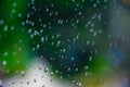 Drops of rain on glass with green tree nature background,romantic shot scene content,colorful raindrops.Blurred leaves of trees Royalty Free Stock Photo