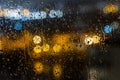 Drops of rain on window blured citylights at night Royalty Free Stock Photo