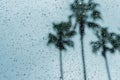 Drops of rain on the window; blurred palm trees in the background; shallow depth of field Royalty Free Stock Photo