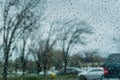 Drops of rain on the window; blurred trees in the background; shallow depth of field; California