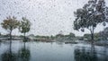 Drops of rain on the windshield; trees reflected in the wet pavement; Royalty Free Stock Photo