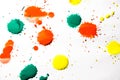 Drops of red, yellow and green paint are sprayed on a white background Royalty Free Stock Photo