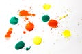 Drops of red, yellow and green paint are sprayed on a white background Royalty Free Stock Photo