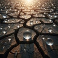 Drops of water on dry cracked soil. Royalty Free Stock Photo