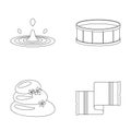 Drops of water, pool or basin with hot water, spa stones with lotus flowers, towel for the pool. Spa set collection Royalty Free Stock Photo