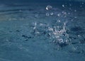Drops of water in suspension. Dark blue water and silver reflections. Royalty Free Stock Photo