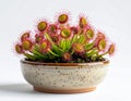 Drosera Plant in Beige Ceramic Pot with Red Tentacles Against White Background Royalty Free Stock Photo