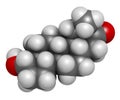 Drostanolone anabolic steroid molecule. 3D rendering. Atoms are represented as spheres with conventional color coding: hydrogen (