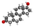Drostanolone anabolic steroid molecule. 3D rendering. Atoms are represented as spheres with conventional color coding: hydrogen (