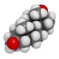 Drostanolone anabolic steroid molecule. 3D rendering. Atoms are represented as spheres with conventional color coding: hydrogen (