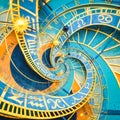Droste effect background based on Prague astronomical clock. Abstract design for concepts related to astrology and fantasy