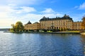 Drottningholm Palace, Swedens royal residence behind lake under blue skies Royalty Free Stock Photo