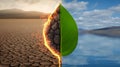 Drought and fire contrasted with a lush green leaf and water Royalty Free Stock Photo