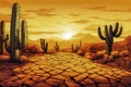 Drought in Mexico. Dry land with deep cracks on background of large cactus and mountains. Heat, sunset. Concept of climate change Royalty Free Stock Photo