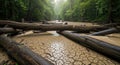 Drought-stricken Amazon rainforest riverbed with fallen logs Royalty Free Stock Photo