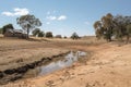 a drought-stricken farm, with withered crops and dried up pond