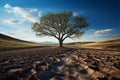 Drought stricken soil bears lone tree, portraying climate changes water shortage impact Royalty Free Stock Photo