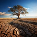 Drought stricken soil bears lone tree, portraying climate changes water shortage impact Royalty Free Stock Photo