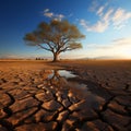 Drought stricken soil bears lone tree, portraying climate changes water shortage impact Royalty Free Stock Photo