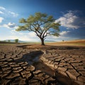 Drought stricken soil bears lone tree, portraying climate changes water shortage impact Royalty Free Stock Photo