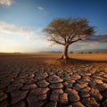 Drought stricken soil bears lone tree, portraying climate changes water shortage impact Royalty Free Stock Photo