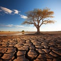 Drought stricken soil bears lone tree, portraying climate changes water shortage impact Royalty Free Stock Photo