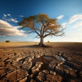 Drought stricken soil bears lone tree, portraying climate changes water shortage impact Royalty Free Stock Photo