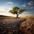 Drought stricken soil bears lone tree, portraying climate changes water shortage impact Royalty Free Stock Photo