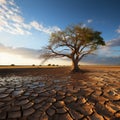 Drought stricken soil bears lone tree, portraying climate changes water shortage impact Royalty Free Stock Photo