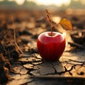 Drought stricken soil cradles apple, emblematic of hunger, water scarcity, and agricultural distress