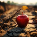 Drought stricken soil cradles apple, emblematic of hunger, water scarcity, and agricultural distress