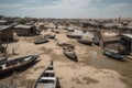 drought-stricken town, with dried up lake and empty boats