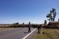 A drover with his herd of cattle on a highway stock route.