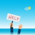 Drowning hands sticking out of water with help placard Royalty Free Stock Photo