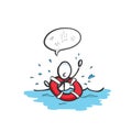 Drowning person calling for help. Vector simple Lifebelt save in the sea. Beach patrol rescue. Stickman cartoon clipart. Hand