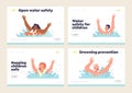 Safety of adult people and little children in open water or swimming pool landing page set