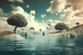 drowning in a surreal float landscape, with the water level rising and no way to escape